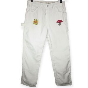 White Carpenter Dickies Pant's with Mushroom and Flower Patches Women's 32 x 30
